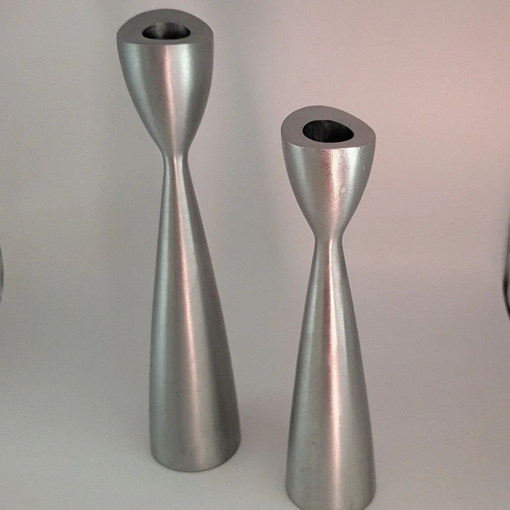 Vintage Mid Century Modern Brushed Silver Metal Taper Candlestick Holders Set 2